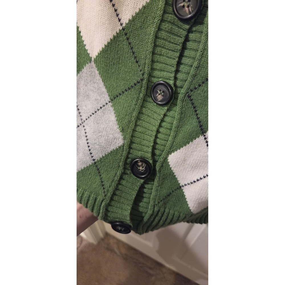 Denim & Co XL Green Argyle Cardigan 100% Cotton Preppy Grandpa Academia Sweater - Picture 3 of 7